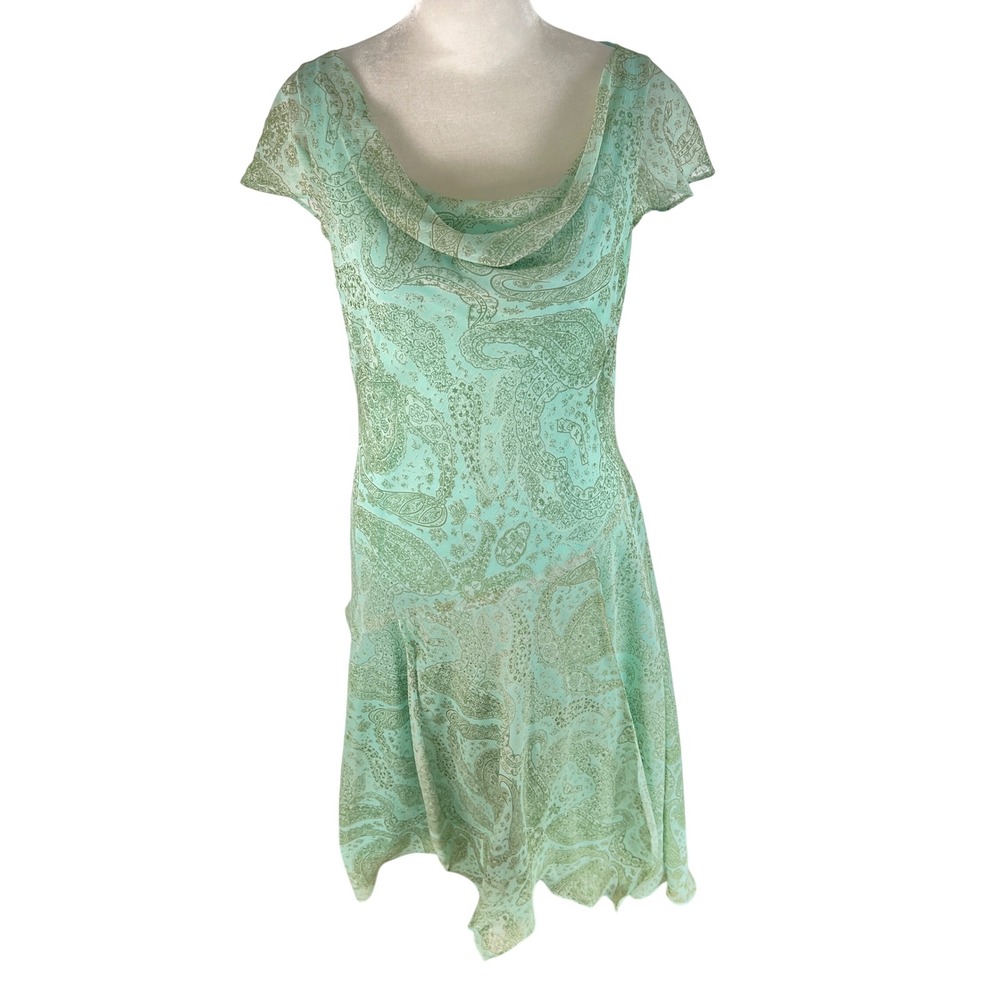 Jones Wear Dress Womens 12 Mint Green Paisley Cowl Neck Handkerchief Hem Midi